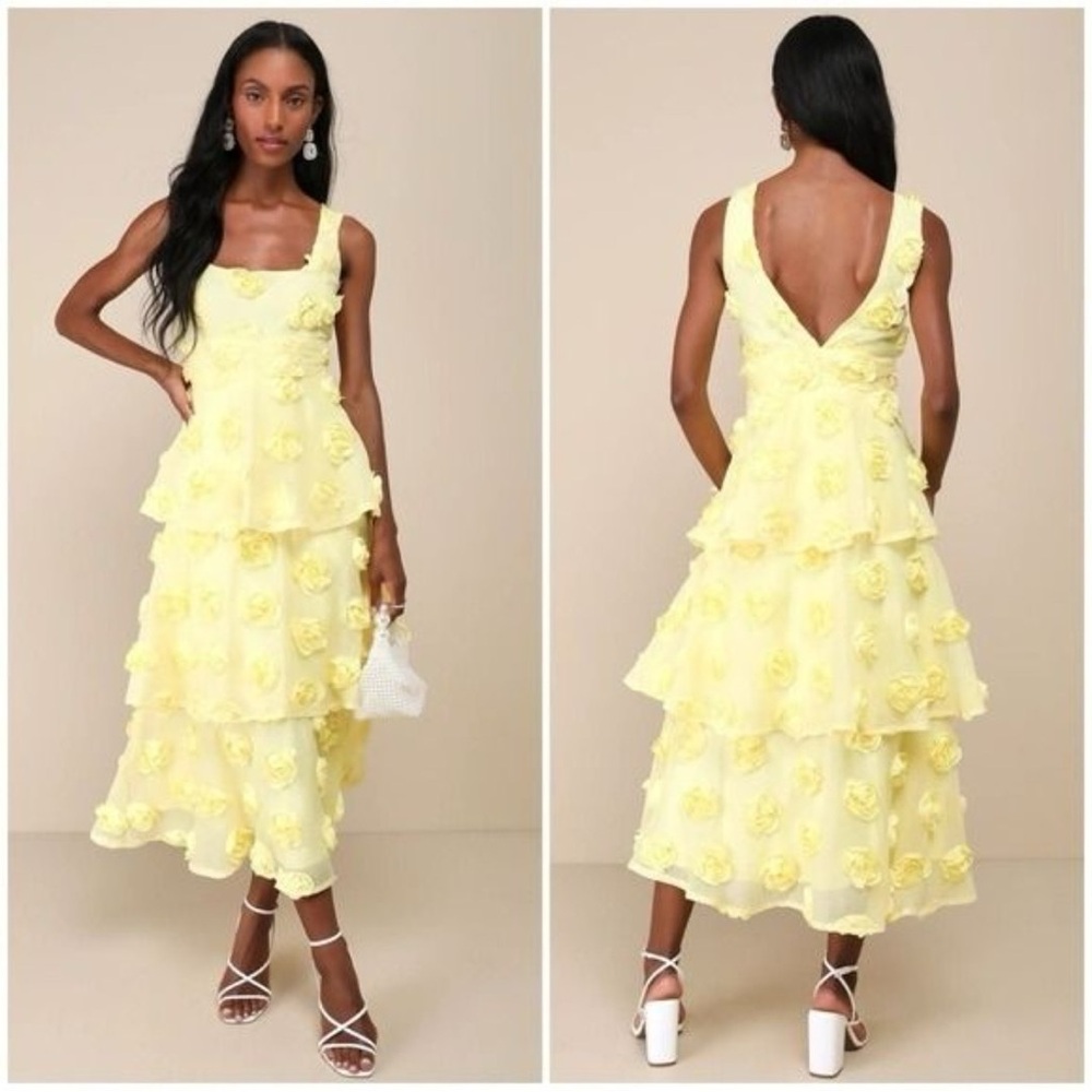 Lulu’s Exceptional Entrance Yellow Sleeveless Tiered Rosette Midi Dress
